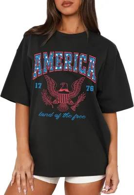 MAPICK Women 4th of July 1776 Graphic Oversized T-Shirts Shirt Short Sleeve Patriotic Casual Tee Tops