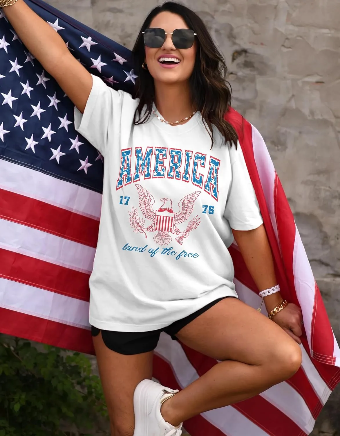 MAPICK Women 4th of July 1776 Graphic Oversized T-Shirts Shirt Short Sleeve Patriotic Casual Tee Tops