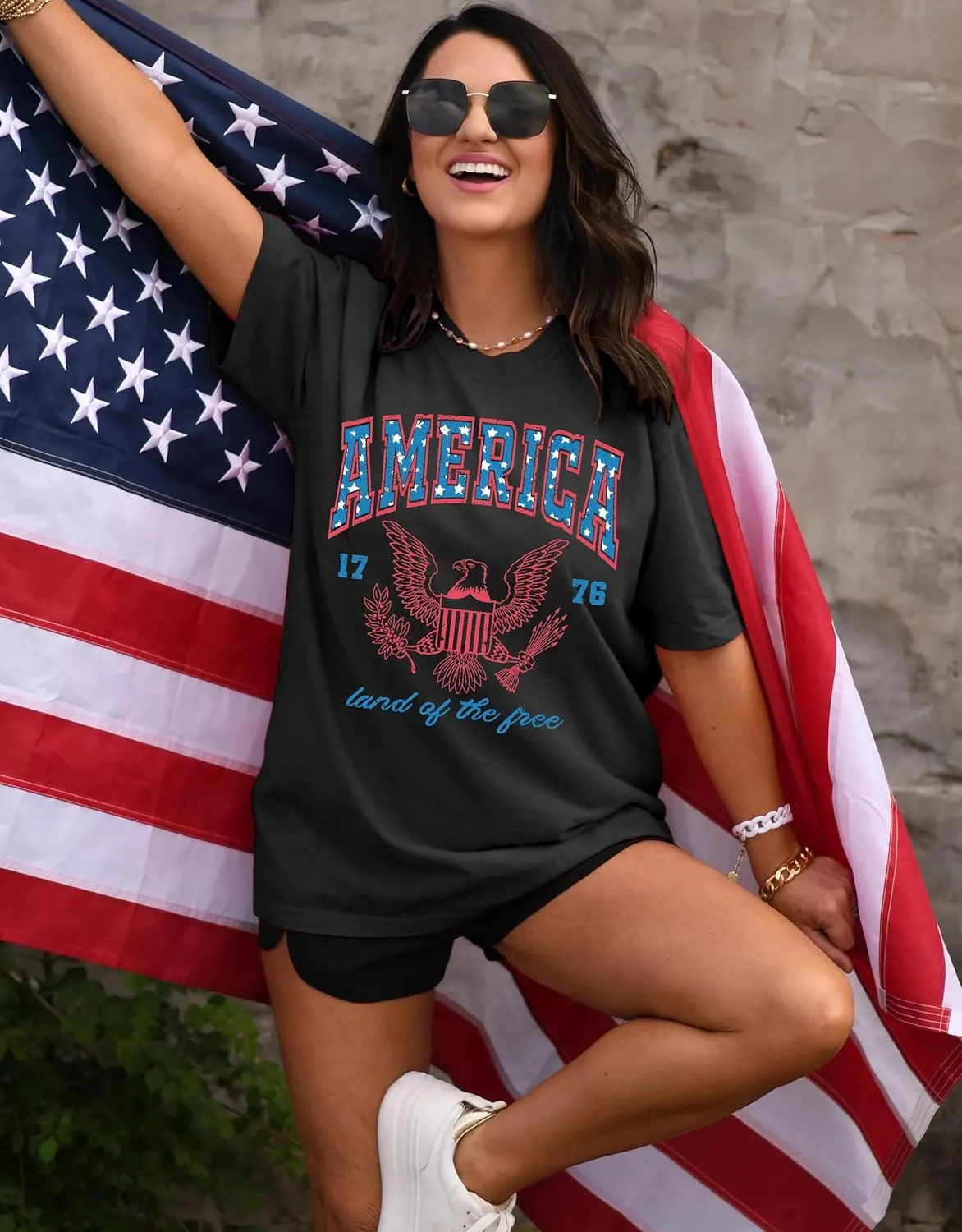 MAPICK Women 4th of July 1776 Graphic Oversized T-Shirts Shirt Short Sleeve Patriotic Casual Tee Tops