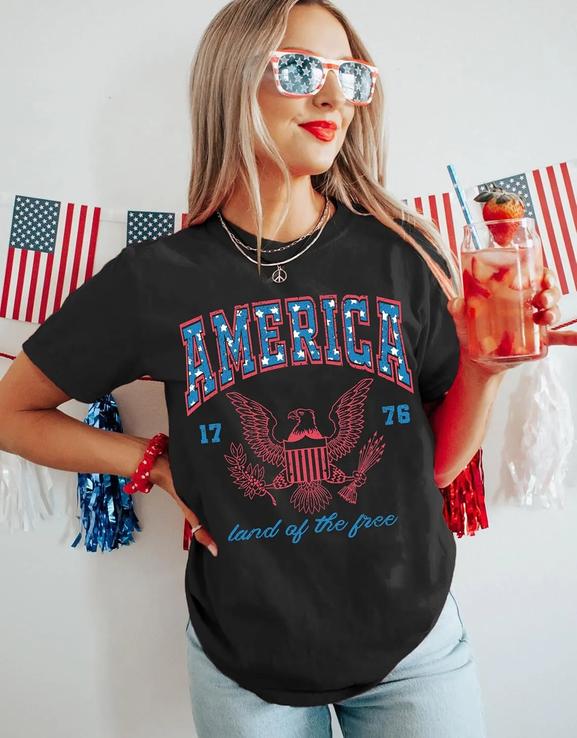 MAPICK Women 4th of July 1776 Graphic Oversized T-Shirts Shirt Short Sleeve Patriotic Casual Tee Tops