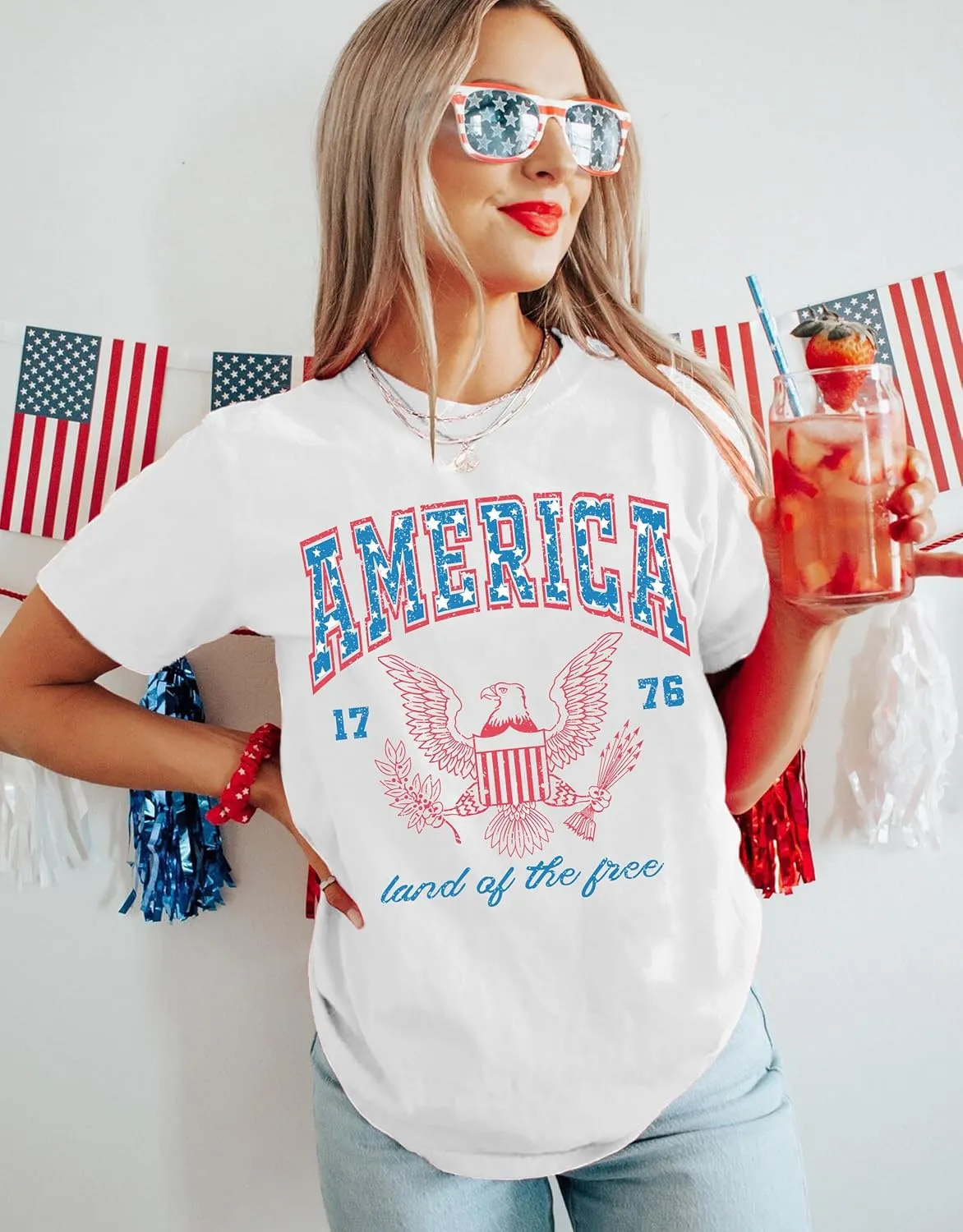 MAPICK Women 4th of July 1776 Graphic Oversized T-Shirts Shirt Short Sleeve Patriotic Casual Tee Tops