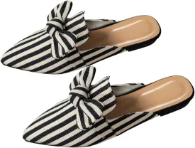 Verdusa Women's Bow Striped Pointed Toe Mule Shoes PU Leather Backless Slip on Slide Flats